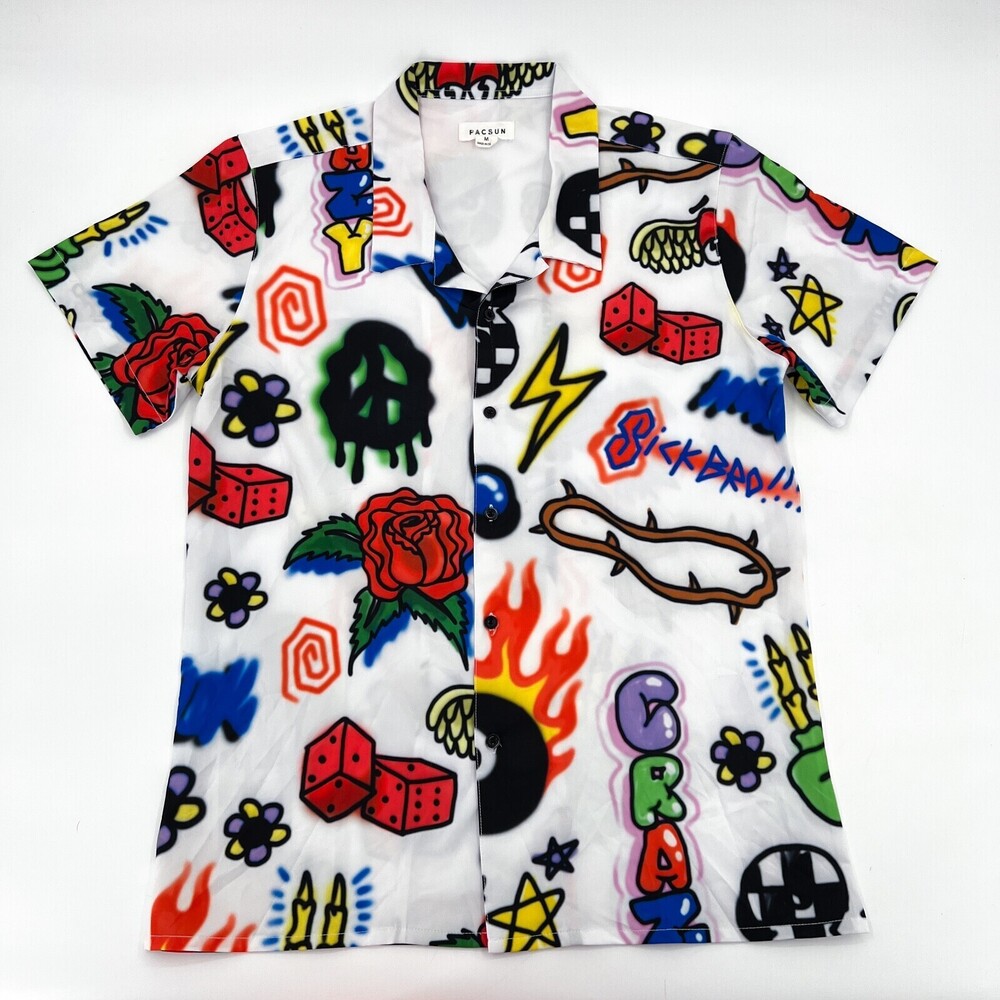 Pacsun Shirt Mens Medium Button Short Sleeve Graphic Lotto Camp Graffiti Graphic